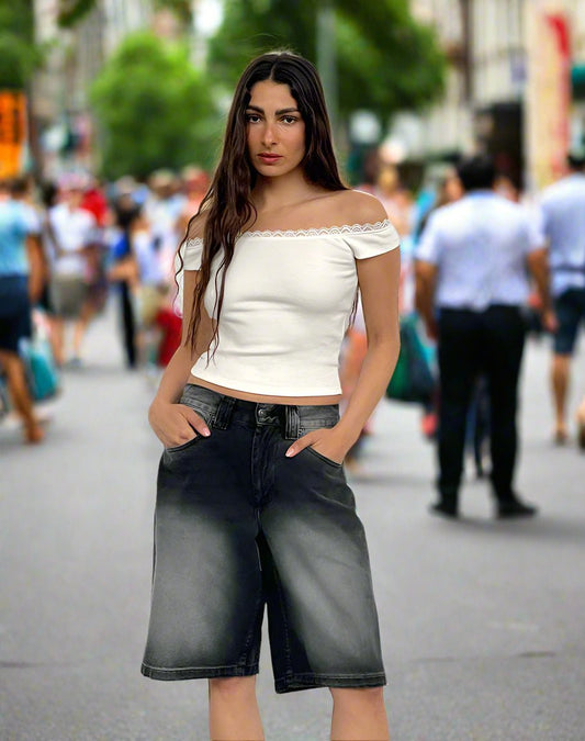 Low Rise Denim Bermuda Shorts - TayDiane