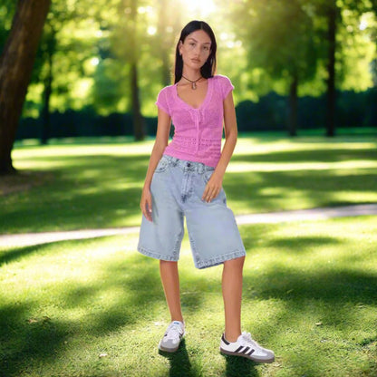 Low Rise Denim Bermuda Shorts - TayDiane