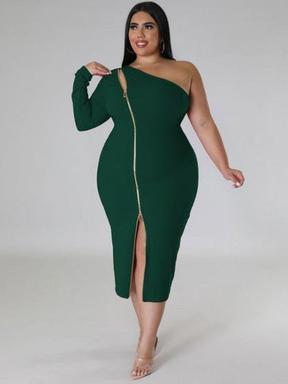 Luxe One - Shoulder Zip Bodycon Midi Dress - TayDiane