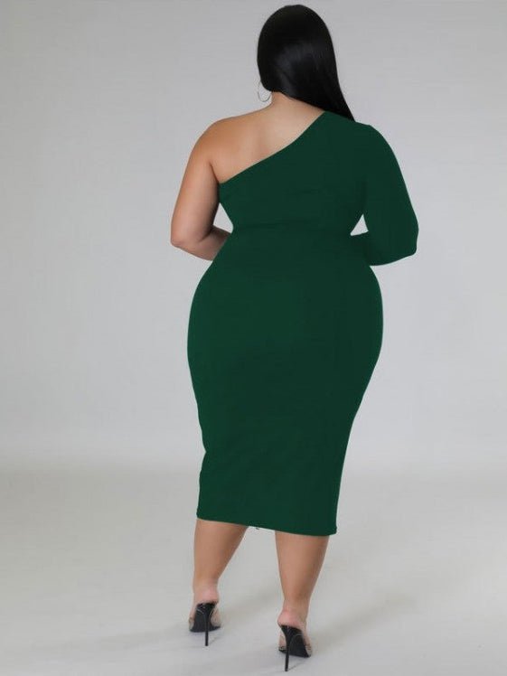 Luxe One - Shoulder Zip Bodycon Midi Dress - TayDiane