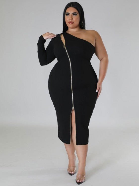Luxe One - Shoulder Zip Bodycon Midi Dress - TayDiane