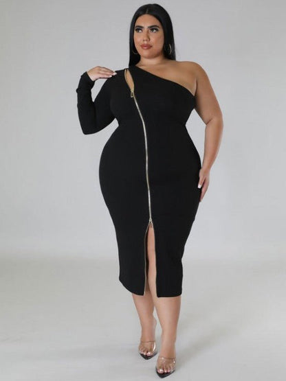 Luxe One - Shoulder Zip Bodycon Midi Dress - TayDiane