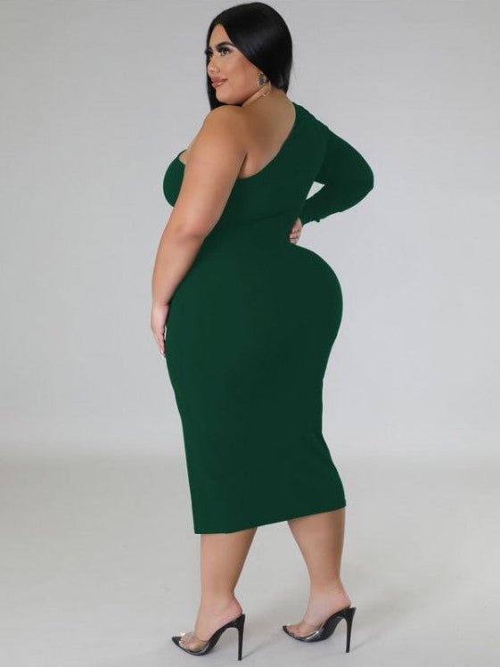Luxe One - Shoulder Zip Bodycon Midi Dress - TayDiane