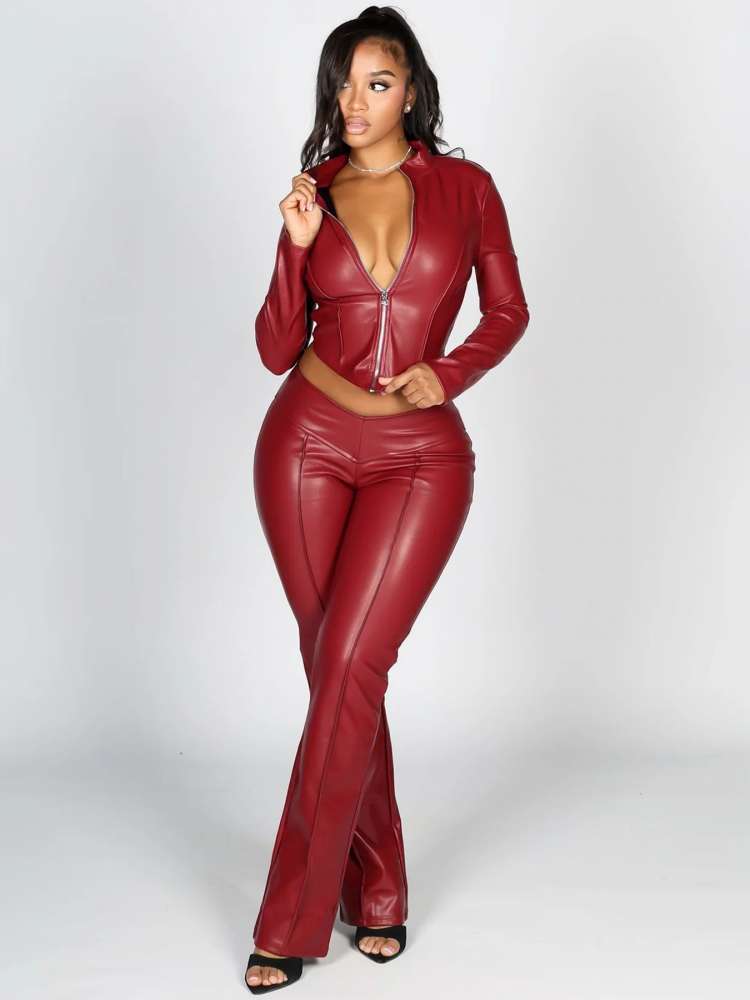 Luxe Vegan Leather Zip - Up Two Piece Set - TayDiane