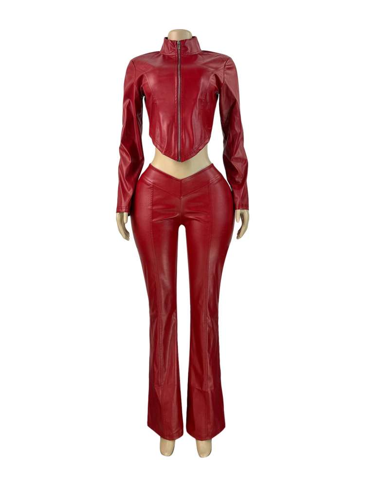 Luxe Vegan Leather Zip - Up Two Piece Set - TayDiane