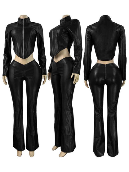 Luxe Vegan Leather Zip - Up Two Piece Set - TayDiane