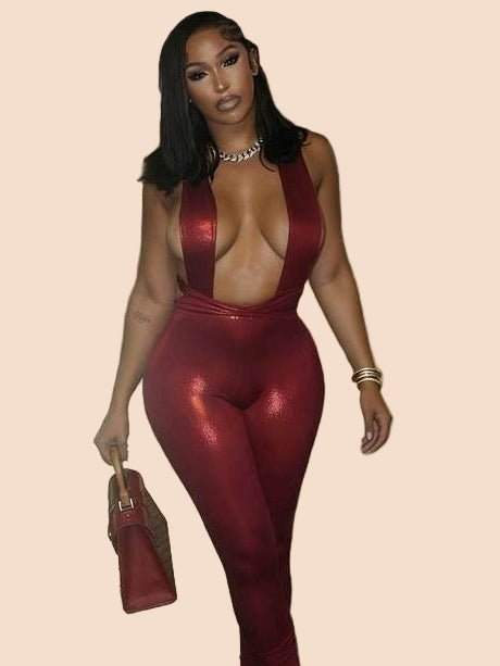 Metallic Red Backless Lace - Up Jumpsuit - TayDiane