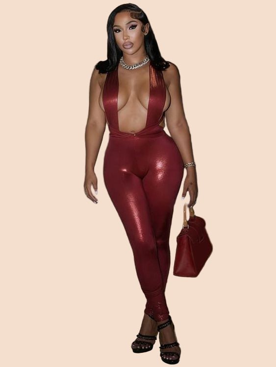 Metallic Red Backless Lace - Up Jumpsuit - TayDiane