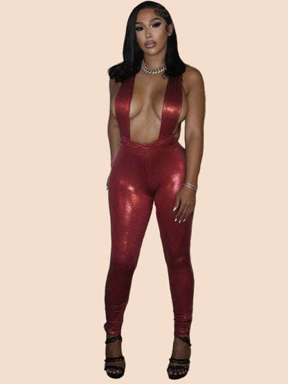 Metallic Red Backless Lace - Up Jumpsuit - TayDiane