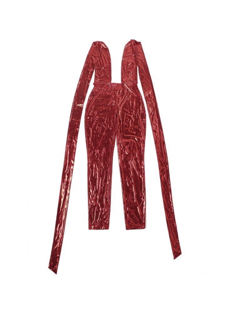 Metallic Red Backless Lace - Up Jumpsuit - TayDiane