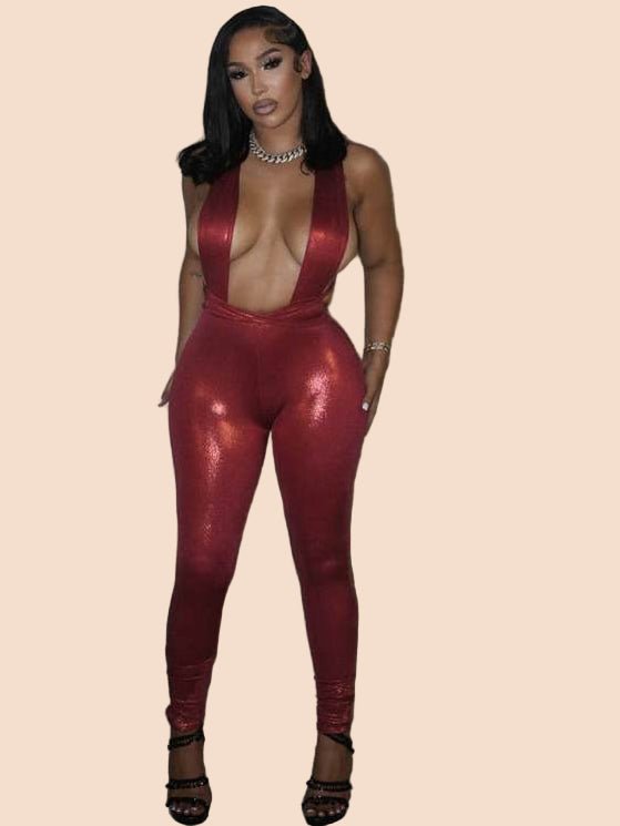 Metallic Red Backless Lace - Up Jumpsuit - TayDiane