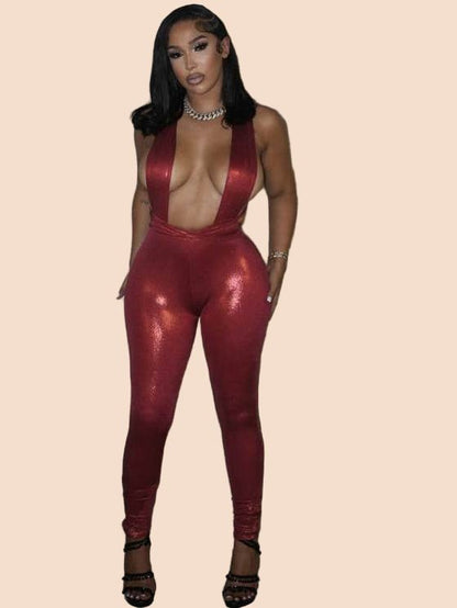 Metallic Red Backless Lace - Up Jumpsuit - TayDiane