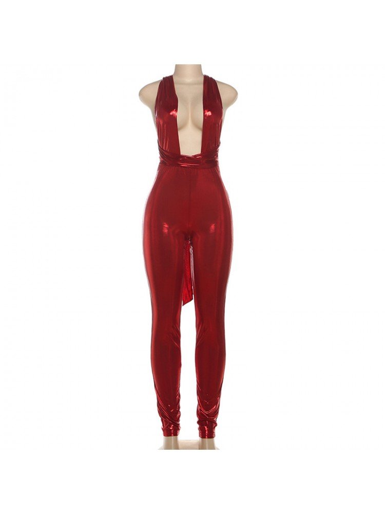 Metallic Red Backless Lace - Up Jumpsuit - TayDiane