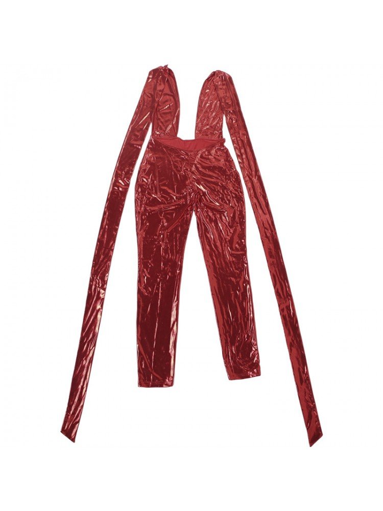 Metallic Red Backless Lace - Up Jumpsuit - TayDiane