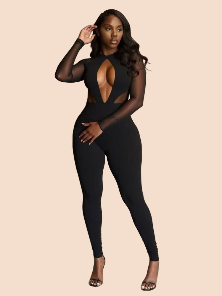 Midnight Allure Mesh Cutout Jumpsuit - TayDiane
