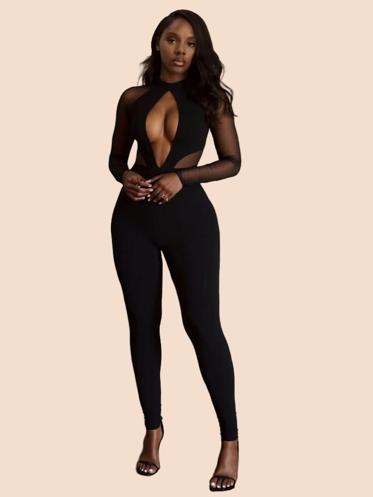Midnight Allure Mesh Cutout Jumpsuit - TayDiane