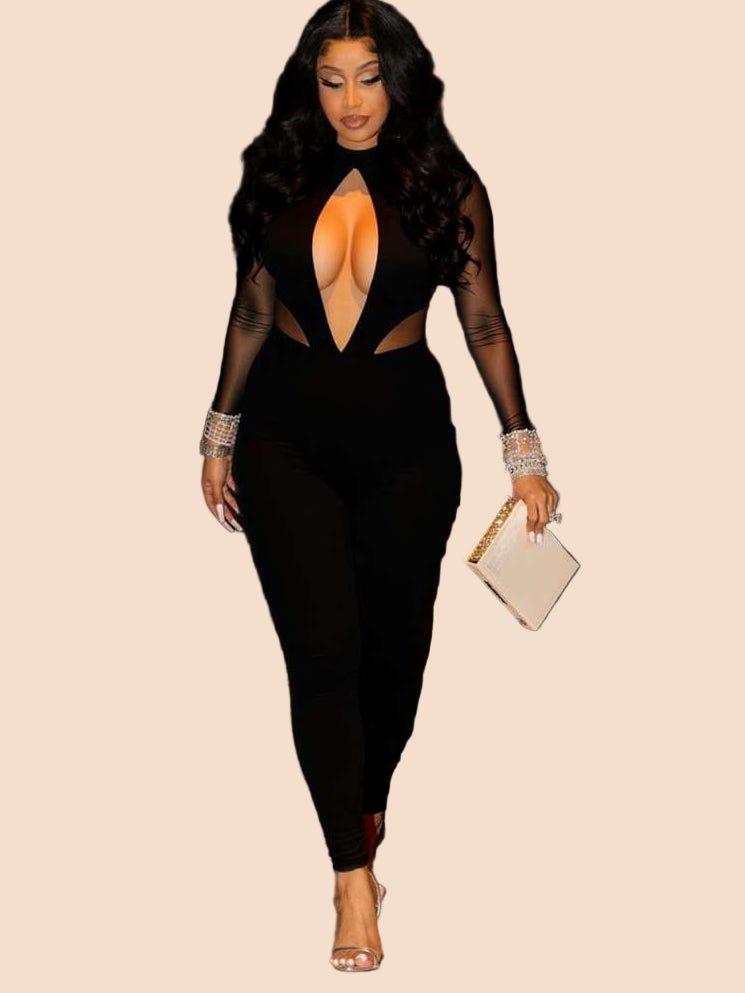 Midnight Allure Mesh Cutout Jumpsuit - TayDiane