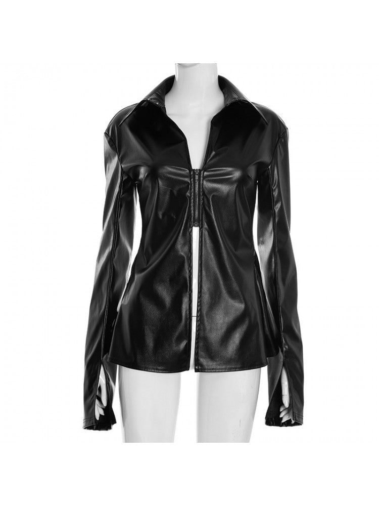Midnight Edge PU Zipper Blouse - TayDiane