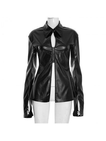 Midnight Edge PU Zipper Blouse - TayDiane