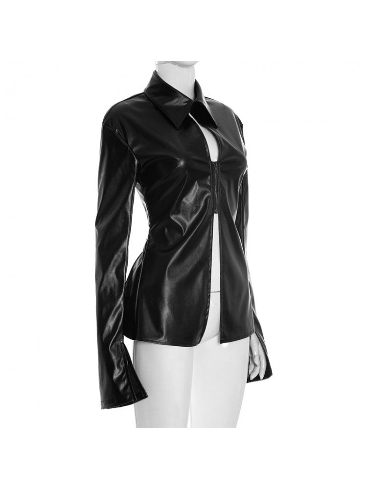 Midnight Edge PU Zipper Blouse - TayDiane