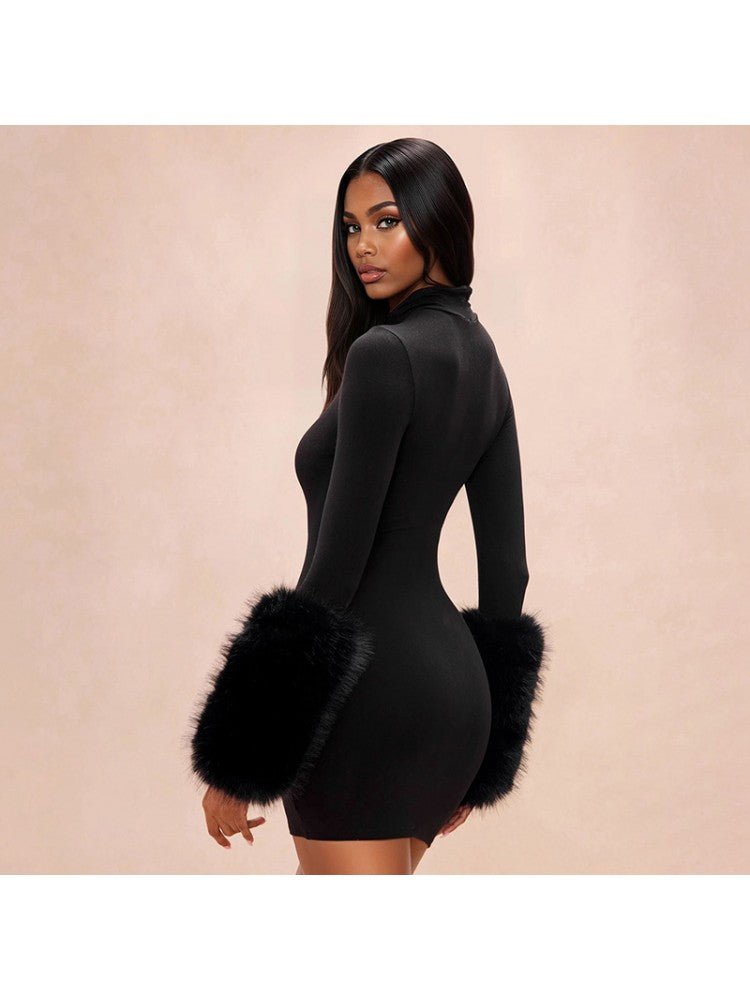 Midnight Glam Fur Trim Mini Dress - Taydiane