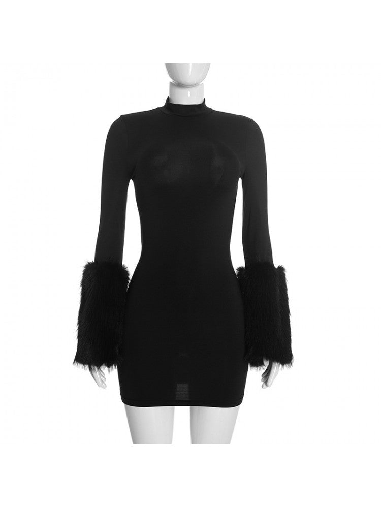 Midnight Glam Fur Trim Mini Dress - Taydiane