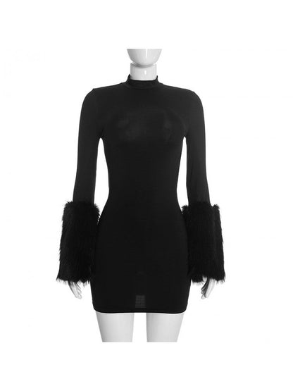Midnight Glam Fur Trim Mini Dress - Taydiane