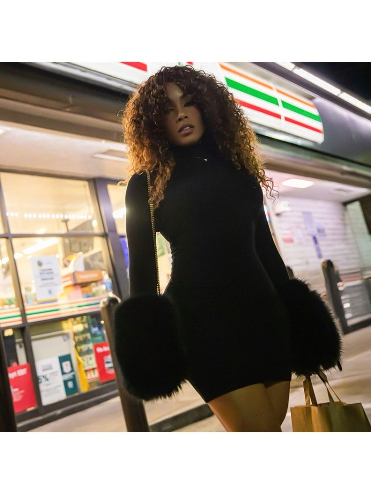 Midnight Glam Fur Trim Mini Dress - Taydiane