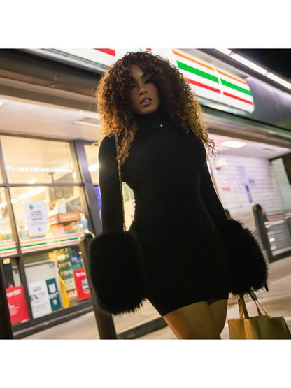 Midnight Glam Fur Trim Mini Dress - Taydiane