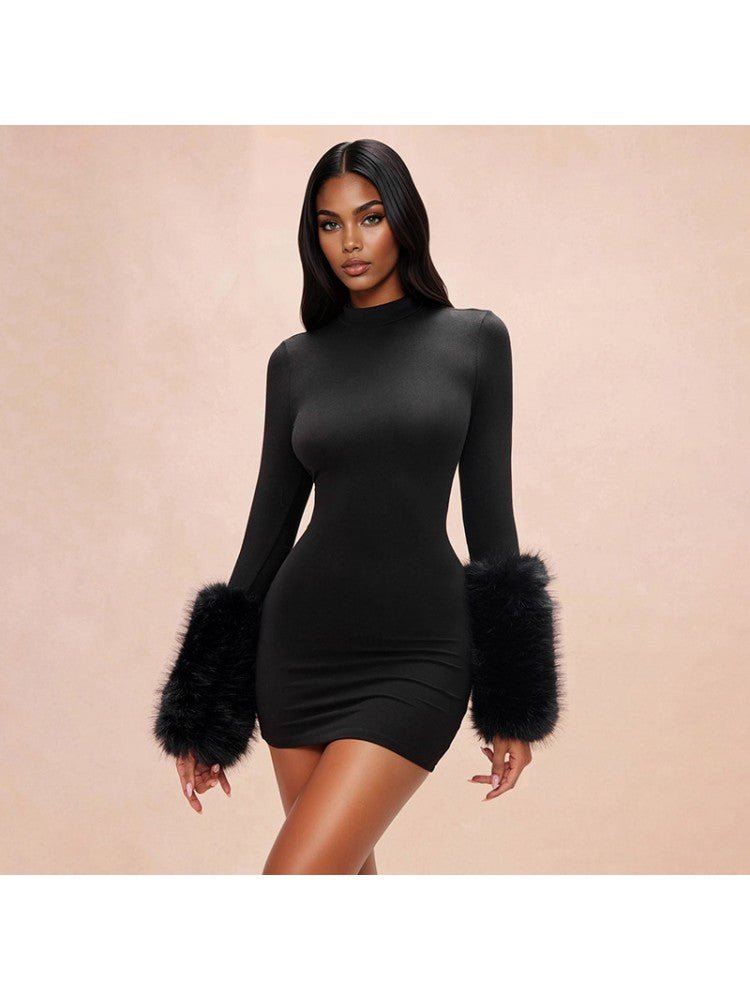 Midnight Glam Fur Trim Mini Dress - Taydiane
