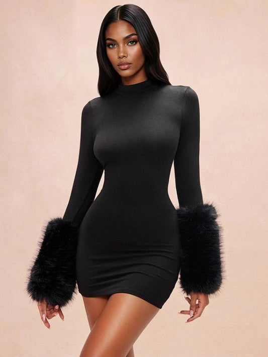 Midnight Glam Fur Trim Mini Dress - Taydiane