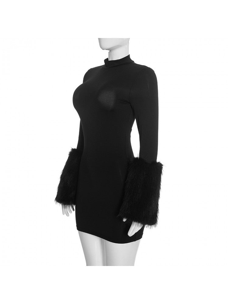 Midnight Glam Fur Trim Mini Dress - Taydiane