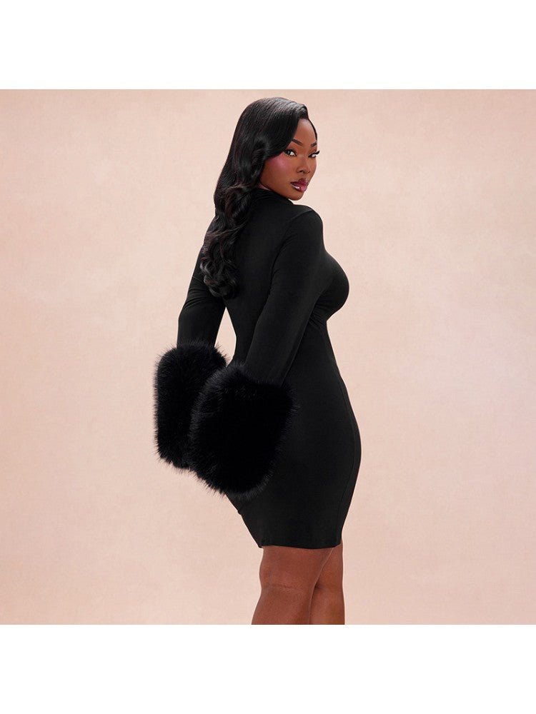 Midnight Glam Fur Trim Mini Dress - Taydiane