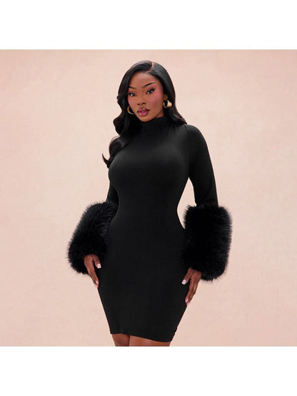 Midnight Glam Fur Trim Mini Dress - Taydiane