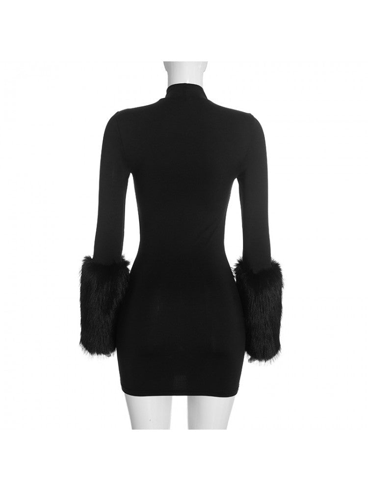 Midnight Glam Fur Trim Mini Dress - Taydiane
