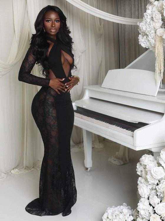 Midnight Lace Cutout Backless Maxi Dress - TayDiane