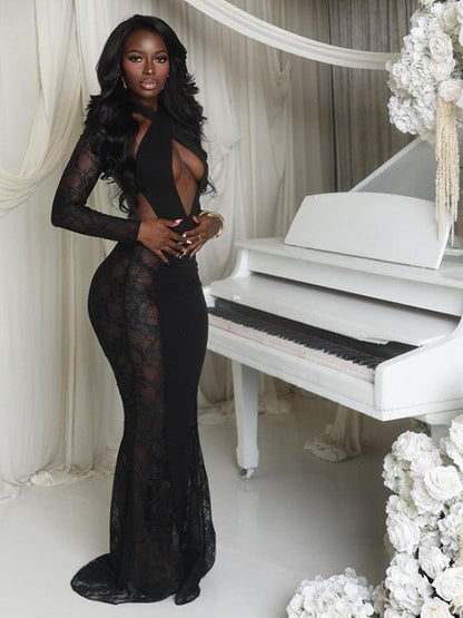 Midnight Lace Cutout Backless Maxi Dress - TayDiane