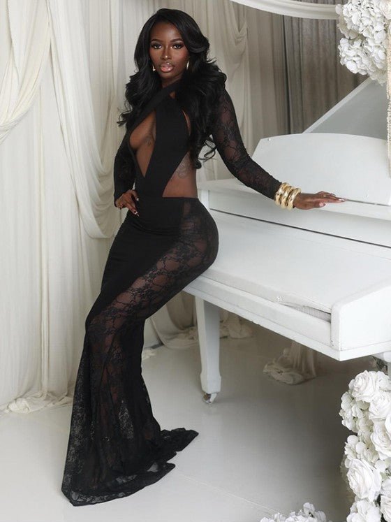 Midnight Lace Cutout Backless Maxi Dress - TayDiane