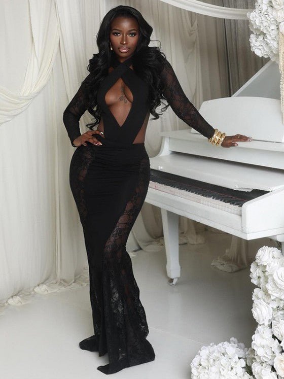 Midnight Lace Cutout Backless Maxi Dress - TayDiane