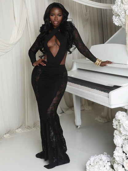 Midnight Lace Cutout Backless Maxi Dress - TayDiane