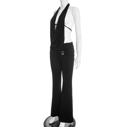 Midnight Muse Draped Halter Two - Piece Pant Set - Taydiane