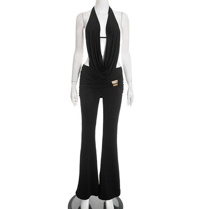 Midnight Muse Draped Halter Two - Piece Pant Set - Taydiane