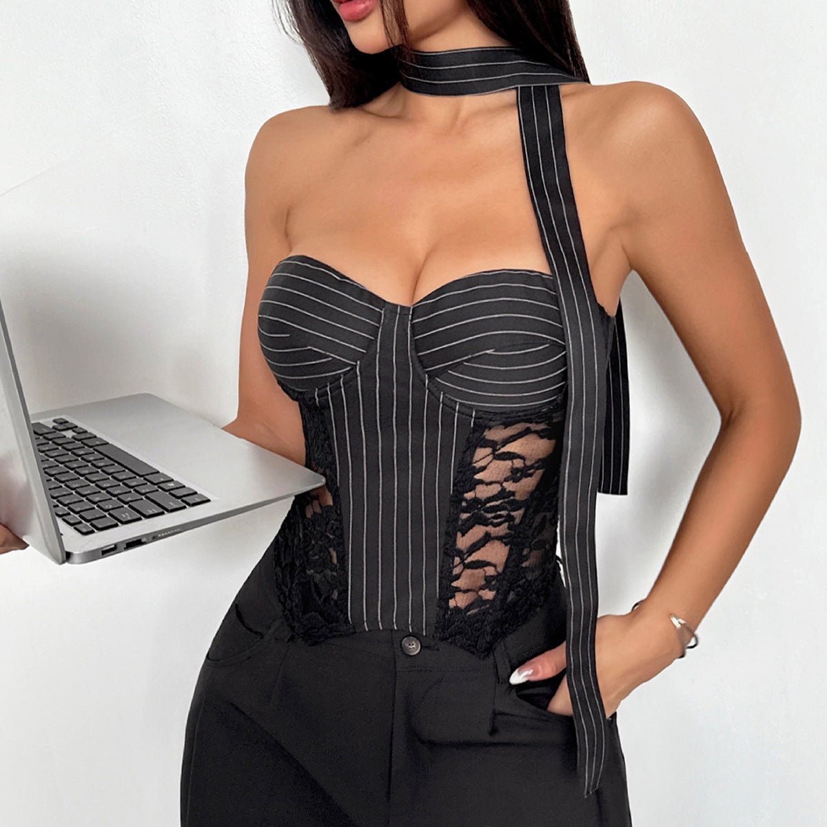 Midnight Pinstripe Lace Corset Top - TayDiane