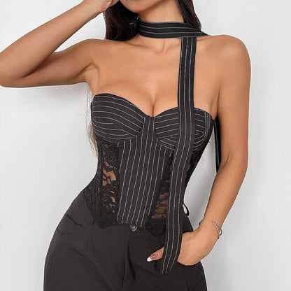 Midnight Pinstripe Lace Corset Top - TayDiane