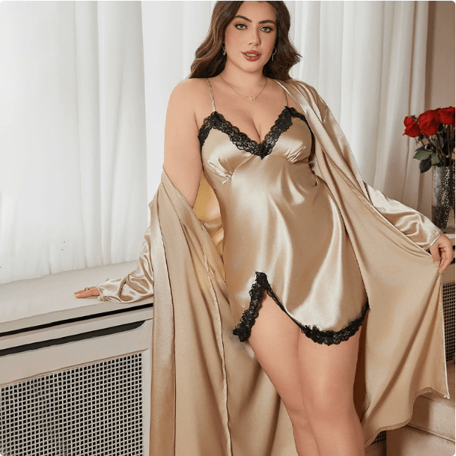 Midnight Satin Lace Lounge Robe Set - Taydiane