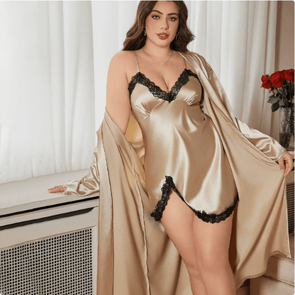 Midnight Satin Lace Lounge Robe Set - Taydiane