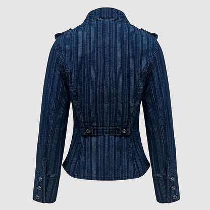 Military-Inspired Double-Breasted Denim Jacket - Taydiane