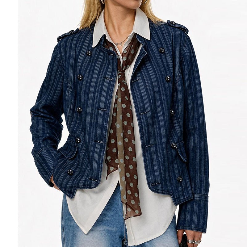 Military-Inspired Double-Breasted Denim Jacket - Taydiane