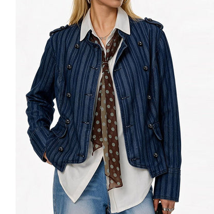 Military-Inspired Double-Breasted Denim Jacket - Taydiane