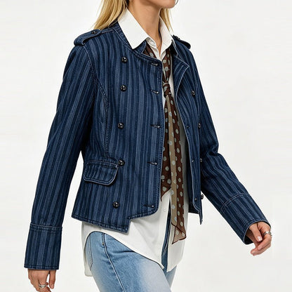 Military-Inspired Double-Breasted Denim Jacket - Taydiane